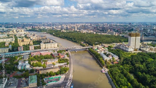 sunny summer day moscow city river luzhniki complex construction aerial panorama 4k russia
