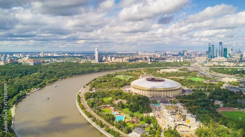 sunny summer day moscow city river luzhniki complex construction aerial panorama 4k russia

