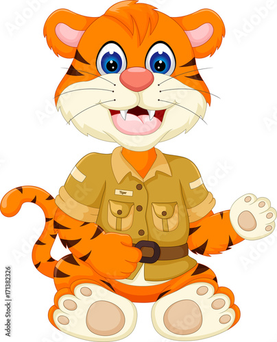 cute baby tiger cartoon waving hand with smiling