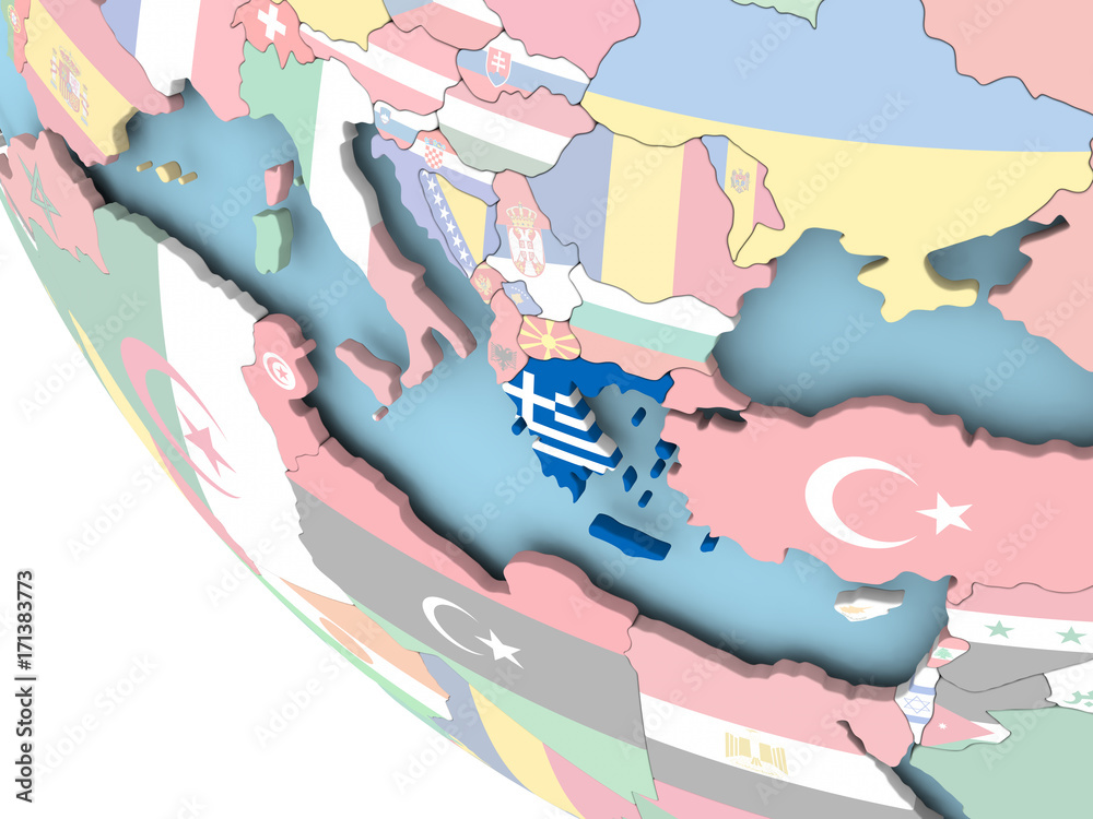 Greece with flag on globe