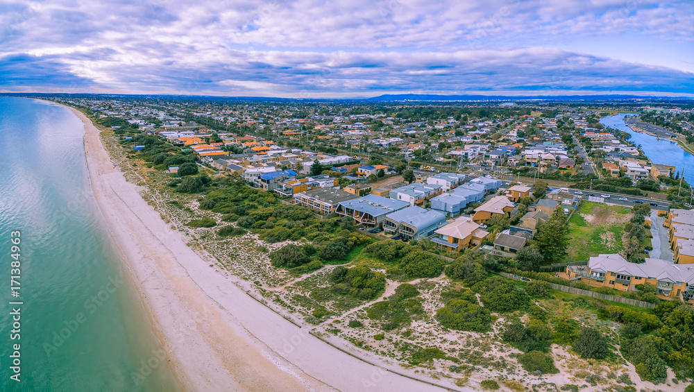 Suburban luxury houses near ocean beach - aerial panorama