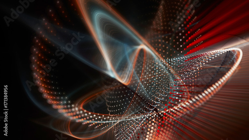 Abstract red and black background. Fractal graphics series. Three-dimensional composition of dots, waves and rays of light. Wide.