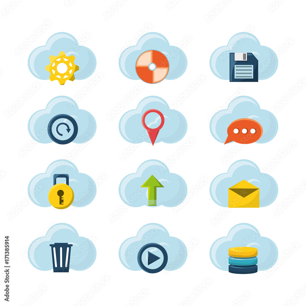 Cloud service of storage technology data and media theme Vector illustration