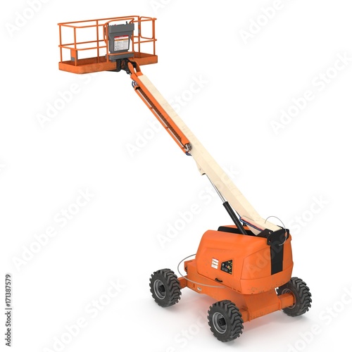 Orange self propelled articulated wheeled lift with telescoping boom and basket on white. 3D illustration