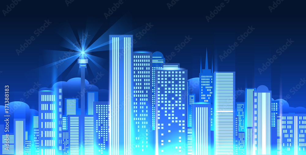 Night city lights panorama. Vector dusk evening cityscape like New York or London for big town lifestyle scene