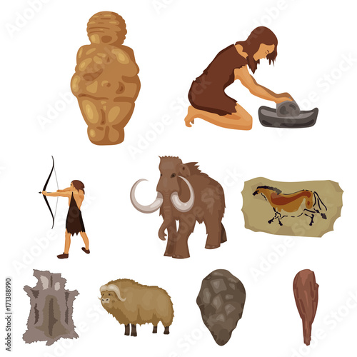 Stone age set icons in cartoon style. Big collection of stone age vector symbol stock illustration