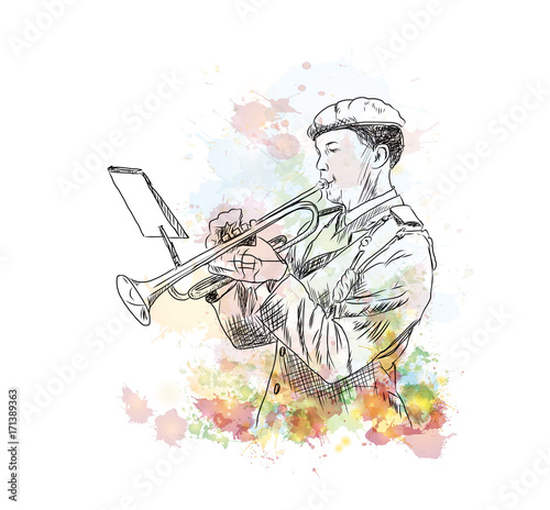 Watercolor sketch of Man playing Trumpet in vector illustration.