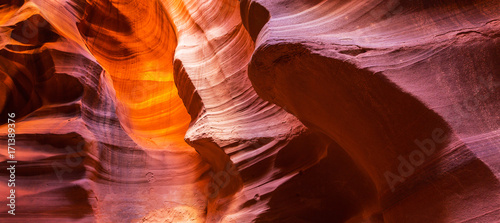 Beautiful, abstract, red rock shapes in Antelope Canyon, on a bright sunny day in summer