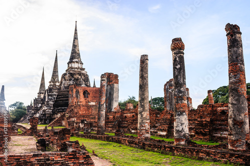 View of asian religious architecture ancient Pagodas in Wat Phra Sri Sanphet Historical Park  Ayuthaya province  Thailand  Southeast Asia. Thailand s top historic landmark  attraction and destination