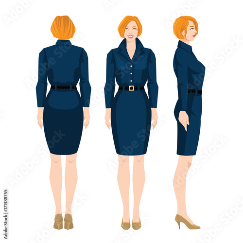 Vector illustration of redhead woman in formal dress and beige shoes on high heel on white background. Various turns woman's figure. Front view and back view.