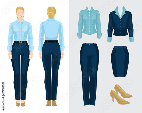 Vector illustration of corporate dress code. Business woman or secretary in formal clothes. Front view and back view. Blue blouse, pants, skirt and beige shoes isolated on white background.