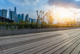 Empty wooden footpath front cityscape and skyline of shanghai