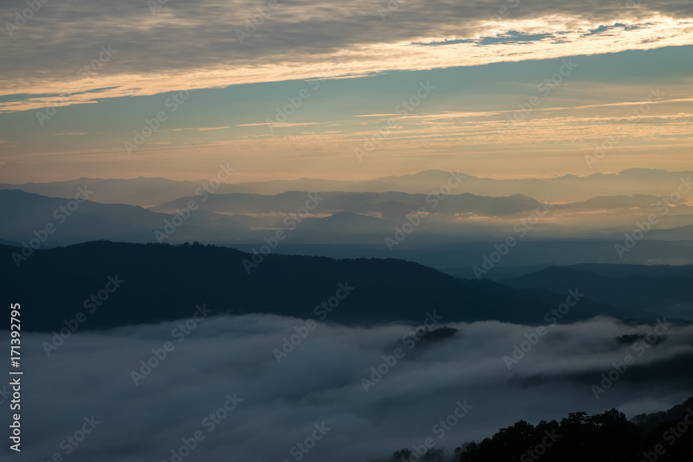 Fog Landscape , Sunrise mornings landscape , Chiang Mai Thailand