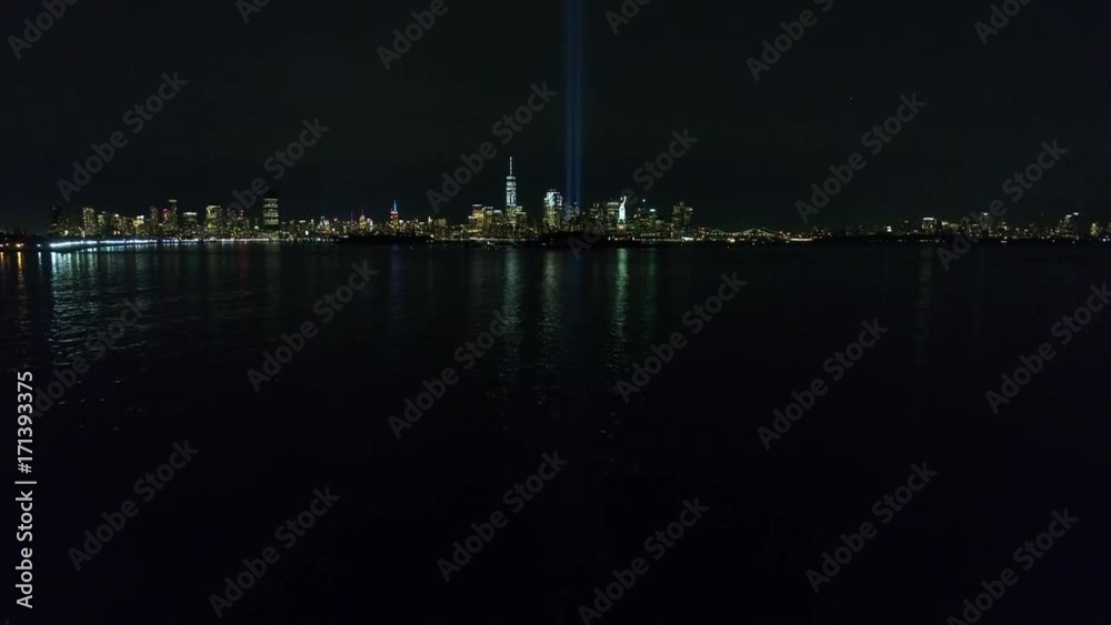 Aerial View of New York City Skyline & Statue of Liberty 9/11 Memorial at Night Aerial View of New York City Skyline & Statue of Liberty 9/11 Memorial at Night