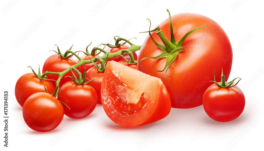 Red tomato, half, small cherry and branch with green leaves Red tomato, half, small cherry and branch with green leaves