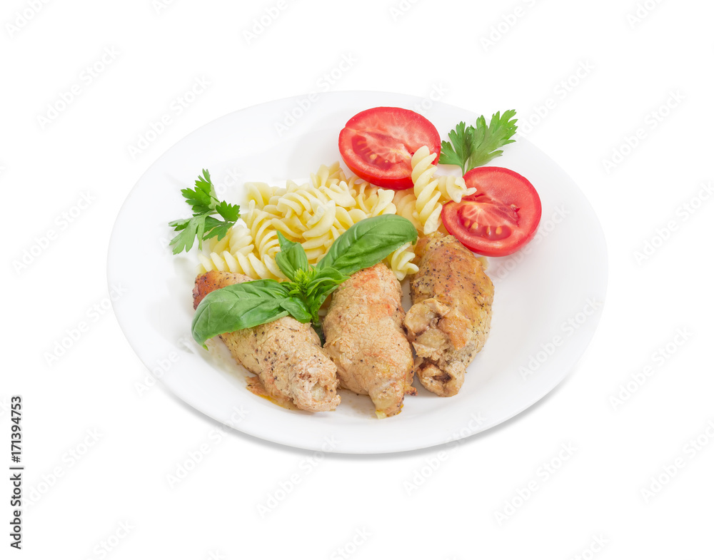 Meat roulades with filling, spiral pasta and tomato