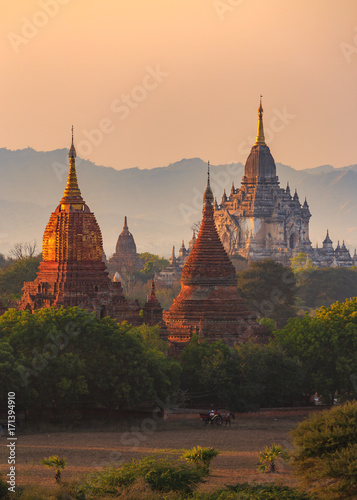 View from afar of the ancient pagodas (stupas) visible among rugged fields and trees of other pagodas and mountains on the horizon during sunset or sunrise, in Bagan, Myanmar (Burma)