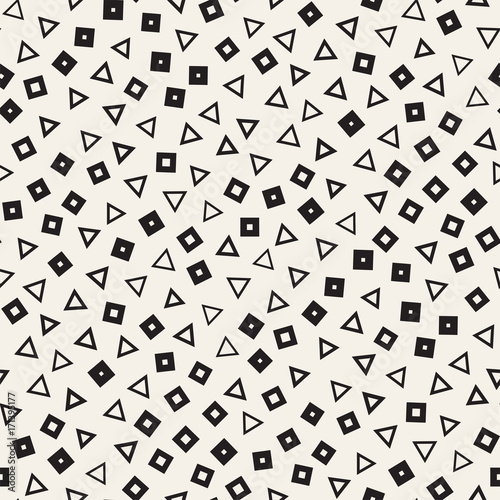 Seamless primitive jumble minimalism patterns. Randomly scattered geometric shapes. Abstract background design