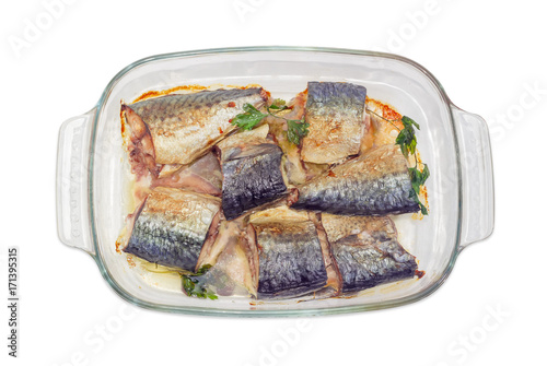 Baked Atlantic chub mackerel in the glass pan for baking photo