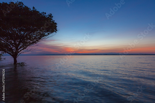 Sunset with tree reflection in a lake.