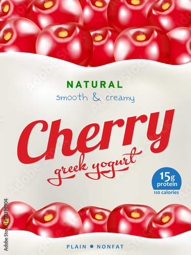 Natural Yogurt ads or packaging design. Illustration of zero fat healthy dairy product with cherry slices and flavor