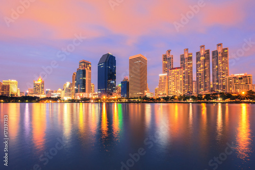 Cities and lakes at twilight