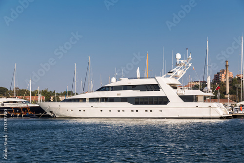 Large luxury white yacht on the port 