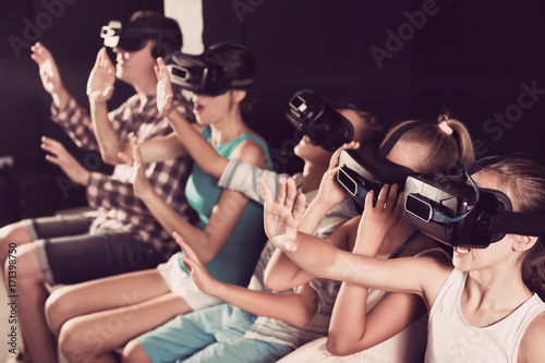 Family satisfied video in room of virtual reality