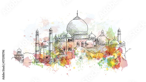 Watercolor sketch of Taj Mahal India in vector illustration.
