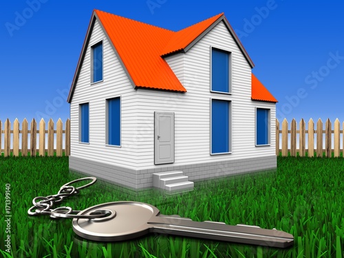 3d key over lawn and fence