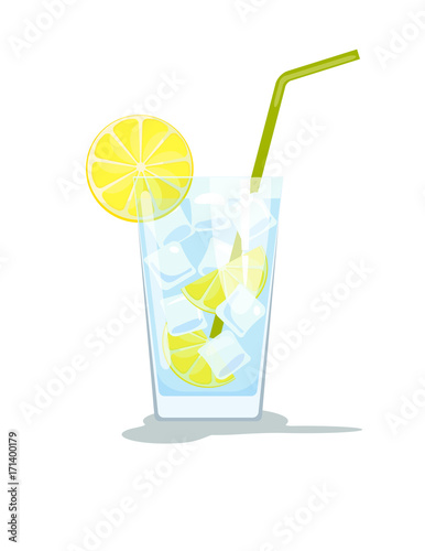 Glass of water with ice and lemon. Glass of cocktail with straw. Vector illustration  isolated on white background