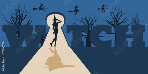 Posing witch silhouette in the light that poured into the room from the keyhole. Night forest and flying witches on backdrop. Halloween relative image