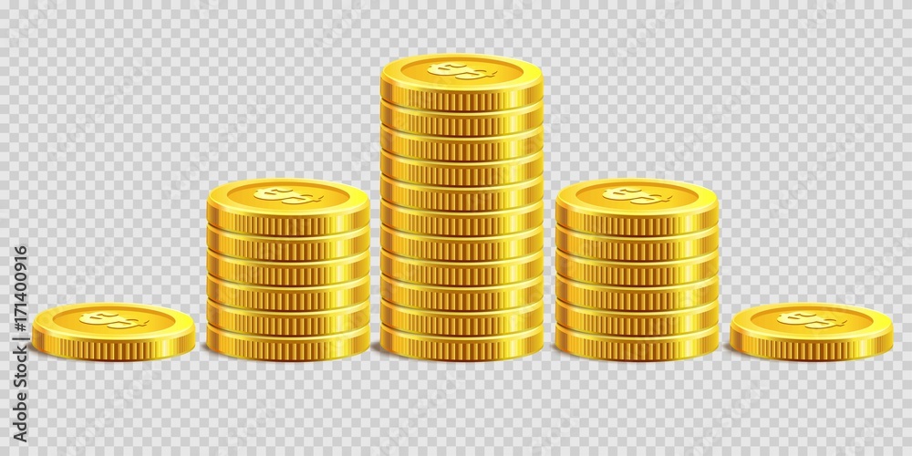 Gold coins piles golden money bank coin heaps on vector transparent
