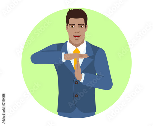 Businessman showing time-out sign with hands. Body language.