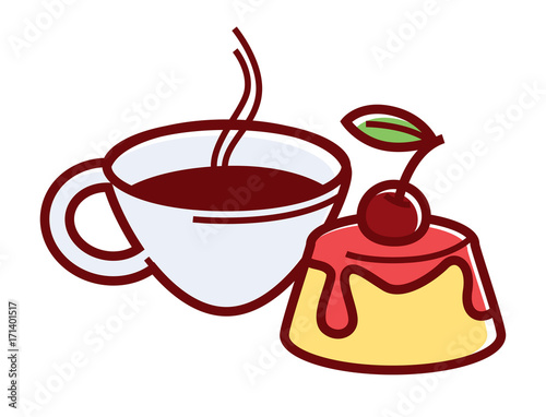 Tender panna cotta with cherry and hot coffee