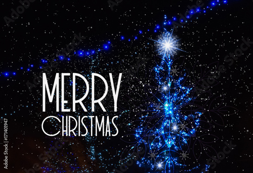 merry christmas card template with blue christmas tree