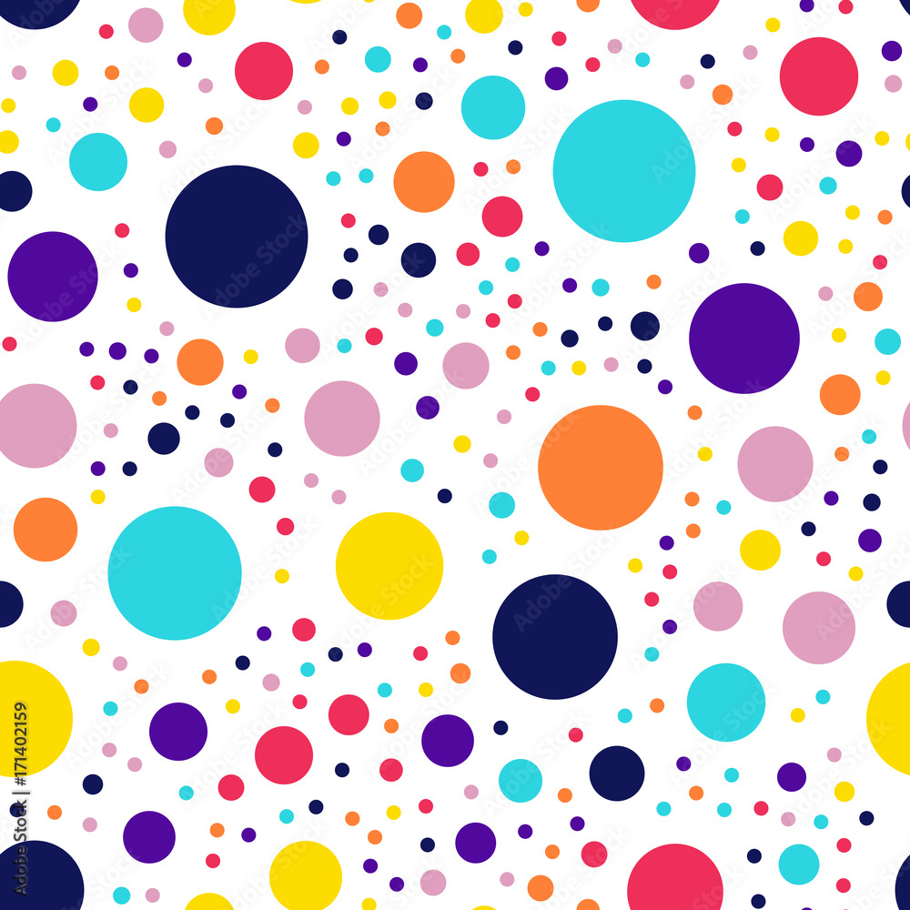 Memphis style polka dots seamless pattern on white background. Delightful modern memphis polka dots creative pattern. Bright scattered confetti fall chaotic decor. Vector illustration.