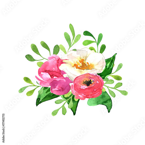 Beautiful floral hand drawn watercolor bouquet, bunch of flowers arrangement, with pink roses, white and purple flowers, isolated on white background. Perfect for wedding design.
