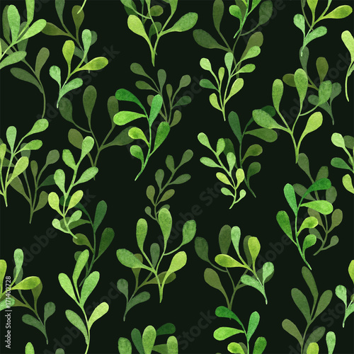 Watercolor hand drawn green leaves floral repeating pattern, dark seamless defocused background. Botanical illustration.