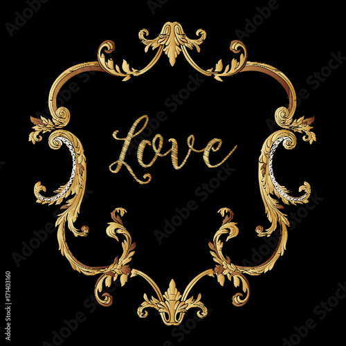 Embroidery. Embroidered design elements with gold royal frame wi
