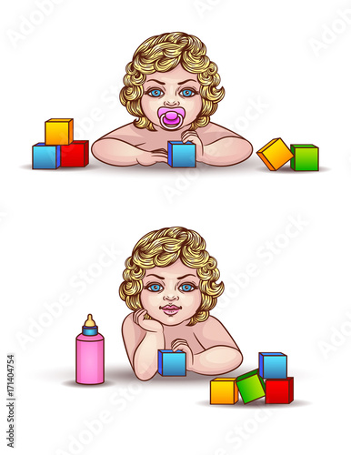 A cute child with a pacifier in his mouth plays with blocks. Set of vector babies with curly hair.