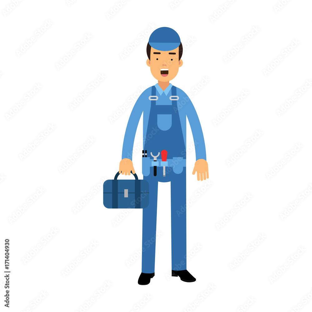Proffesional plumber character in a blue overall standing with tool box, plumbing service vector Illustration