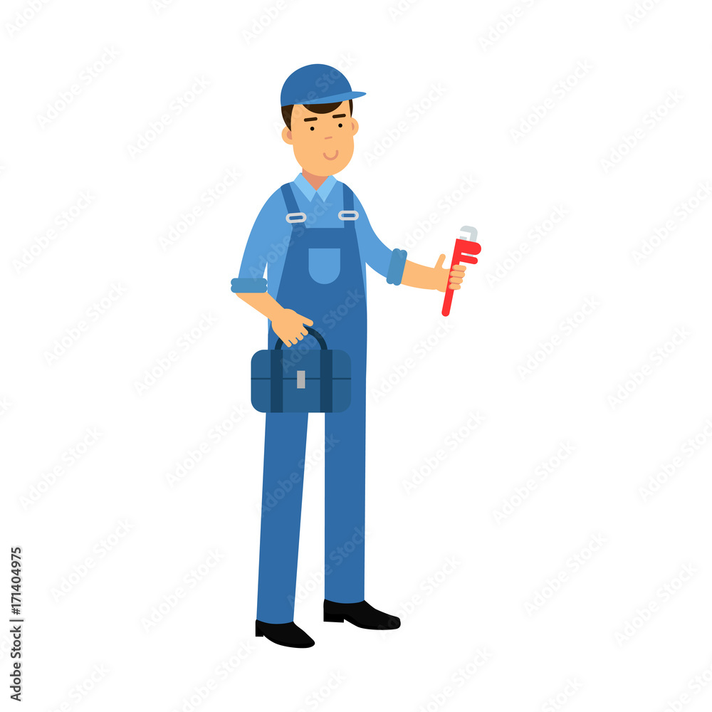Proffesional plumber character in a blue overall standing with monkey wrench and tool box, plumbing service vector Illustration Proffesional plumber character in a blue overall standing with monkey wrench and tool box, plumbing service vector Illustration