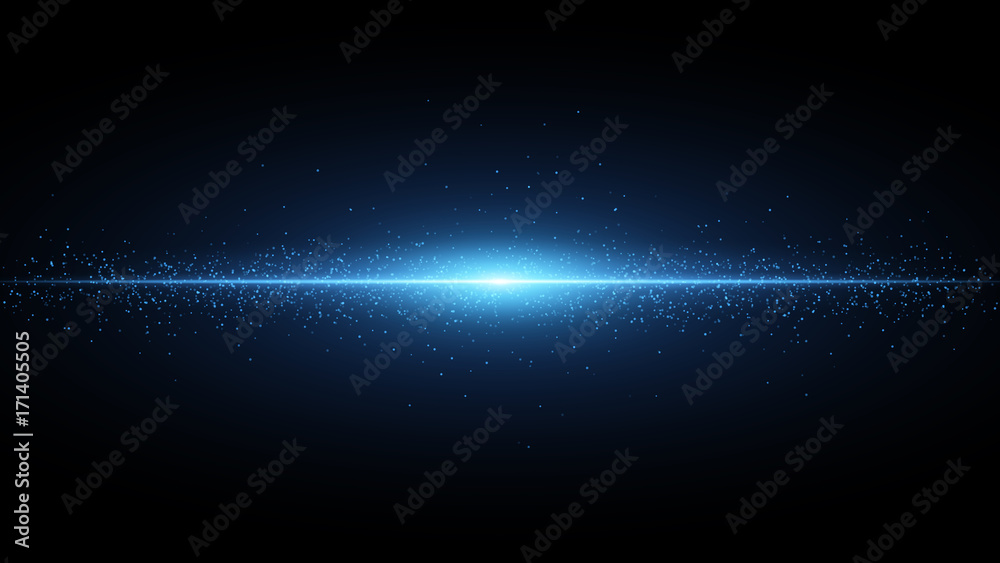Blue flash on a black background. Flying magical blue dust. The effect of the camera. Glowing line. Vector - obrazy, fototapety, plakaty 