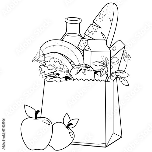 Bag with groceries. Vector black and white coloring page.