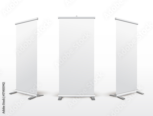 Set of roll up banner stand. Flip Chart for training or promotional presentation. Design template blank pop up banner display template for designers. Vector illustration. Isolated on white background