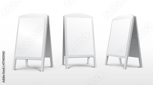 Set of round oval empty blank advertising. Stands sidewalk signs. Street handheld sandwich. Vector illustration. Isolated on white background