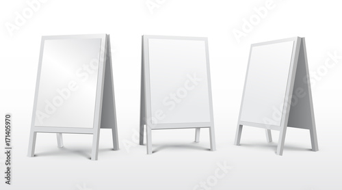 Set of round empty blank advertising. Stands sidewalk signs. Street handheld sandwich. Vector illustration. Isolated on white background