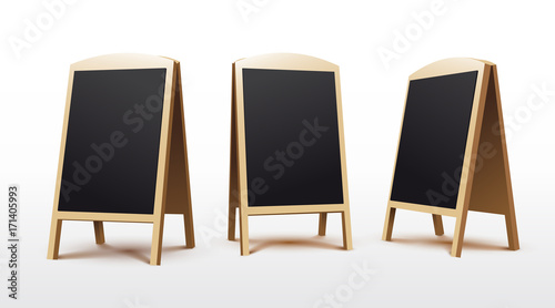 Set of wooden oval empty blank advertising. Stands sidewalk signs. Street handheld sandwich. Vector illustration. Isolated on white background