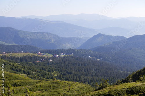Green fir trees and houses of village Dragobrat against background of the Carpathian mountains in the summer. Ukraine